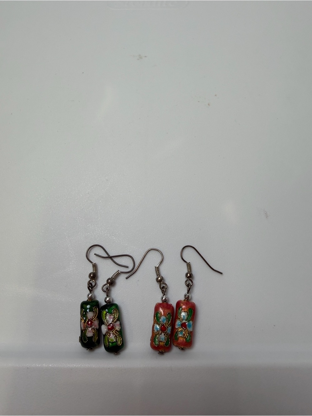 Cloisonné Floral Dangle Earrings - Green & pink set of 2